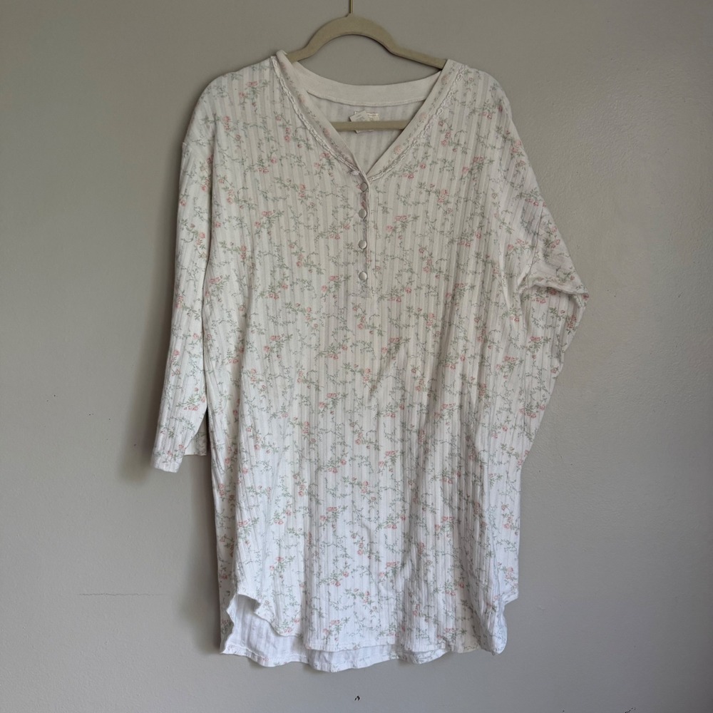 Aria Women White Floral Pointelle Knit Nightgown Henley Sleep Shirt M Mumu